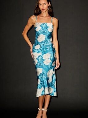Lulus endlessly effortless blue floral abstract satin slip midi dress - small